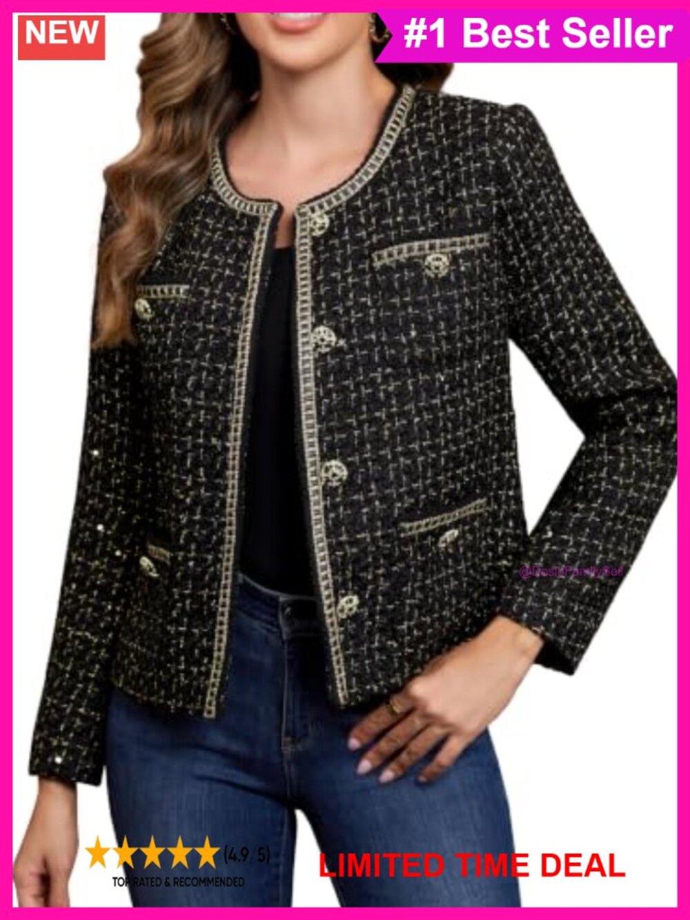 Tweed Blazer Tailored Fit Crew Neck Long Sleeve Business Casual
